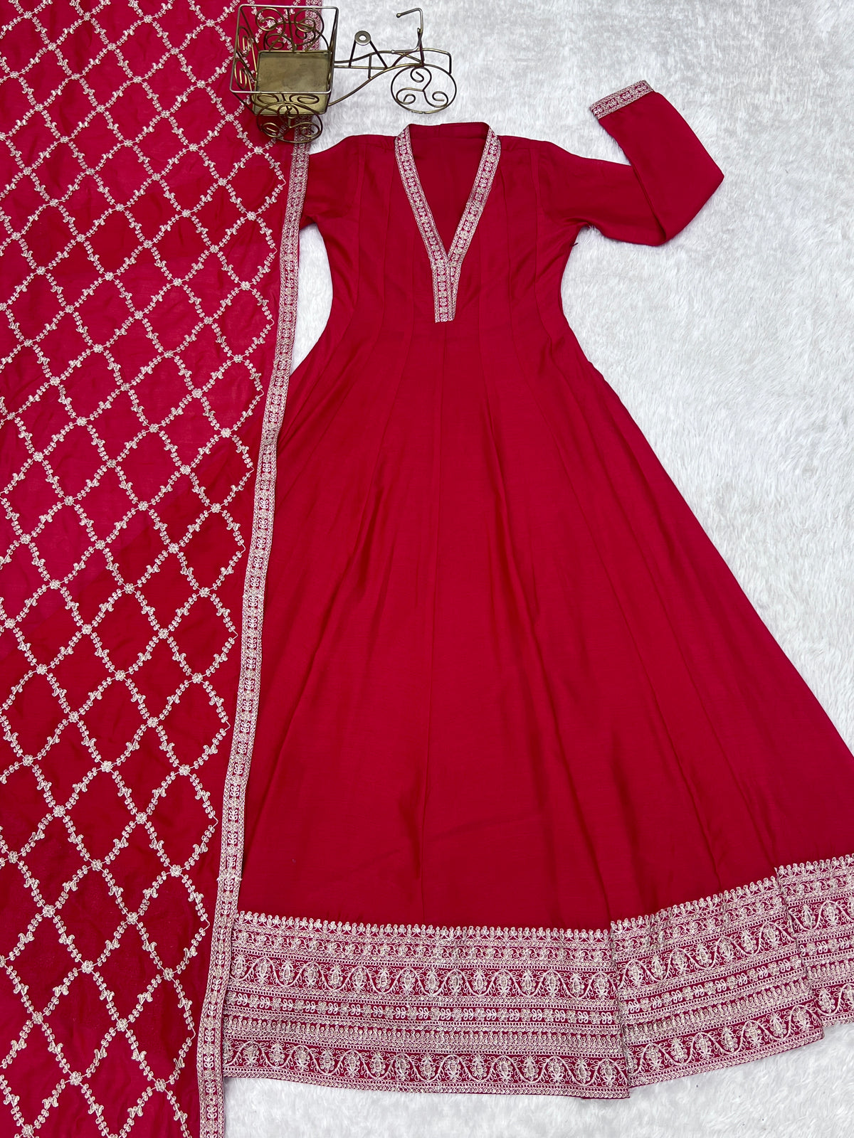 Premium Rust Crunchy Silk Anarkali Gown with Jari, Sequin & Beadwork Dupatta
