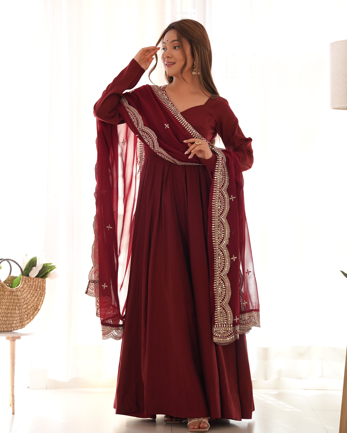Romansilk Chanderi 16-Kali Anarkali Gown with Sequin Cutwork Dupatta & Stitched Pant