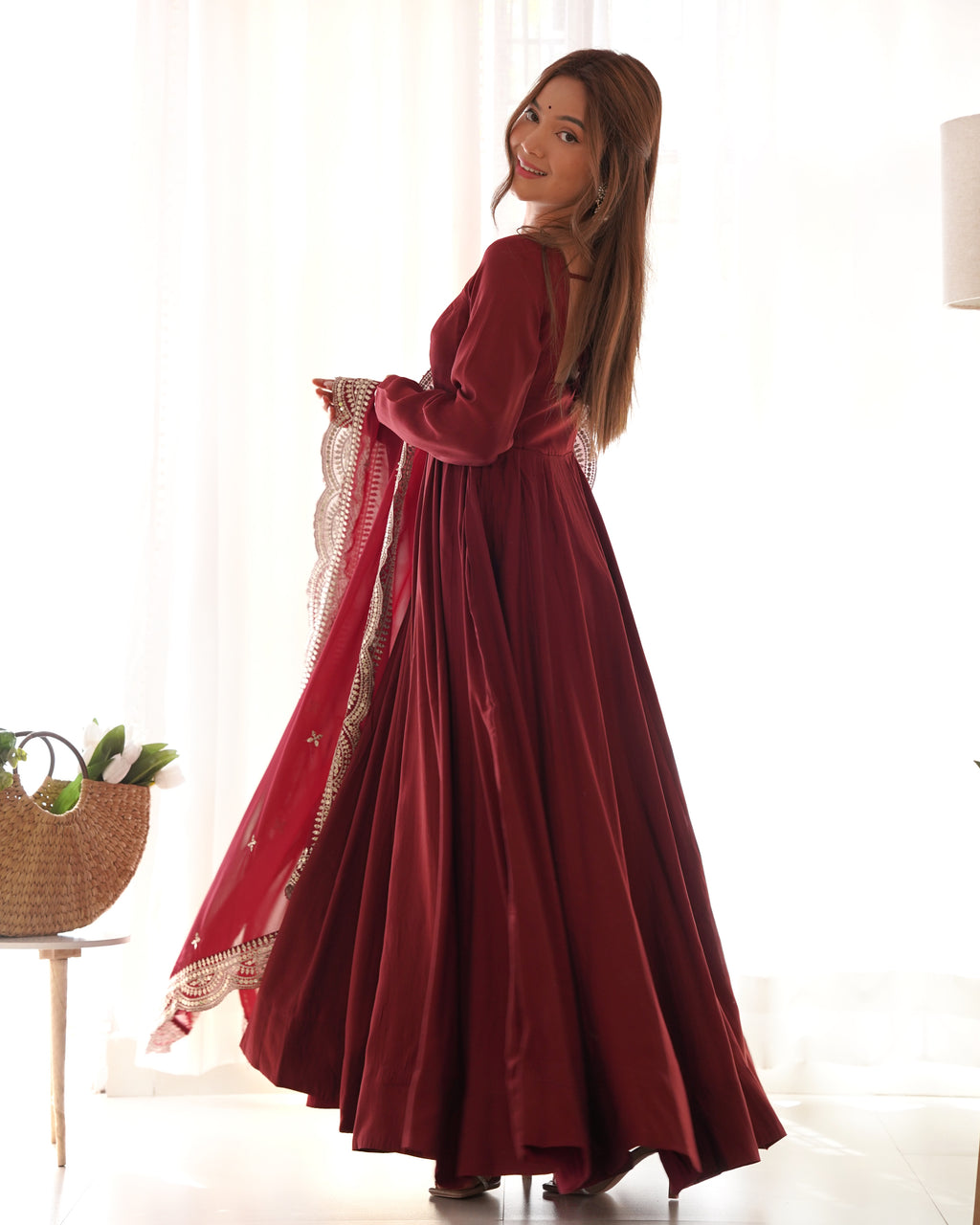 Romansilk Chanderi 16-Kali Anarkali Gown with Sequin Cutwork Dupatta & Stitched Pant