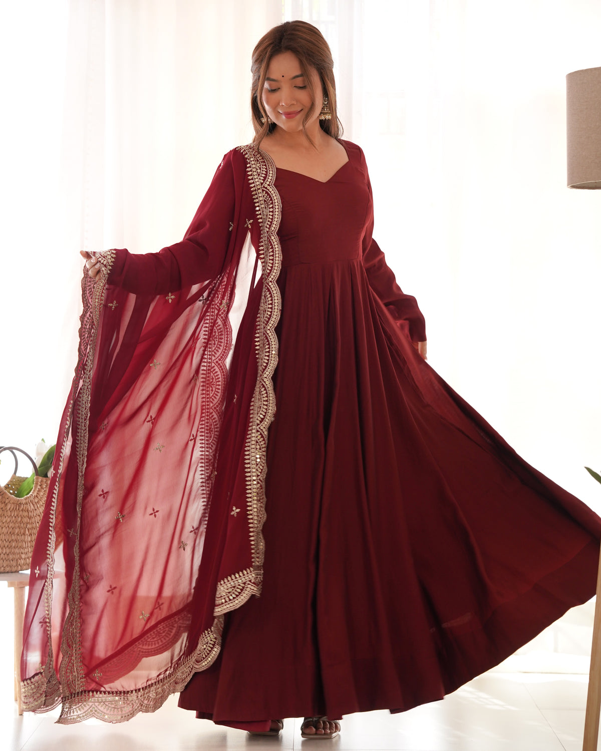 Romansilk Chanderi 16-Kali Anarkali Gown with Sequin Cutwork Dupatta & Stitched Pant