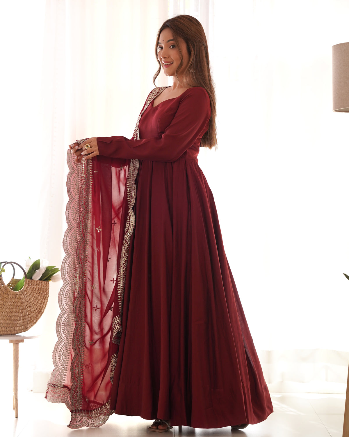 Romansilk Chanderi 16-Kali Anarkali Gown with Sequin Cutwork Dupatta & Stitched Pant