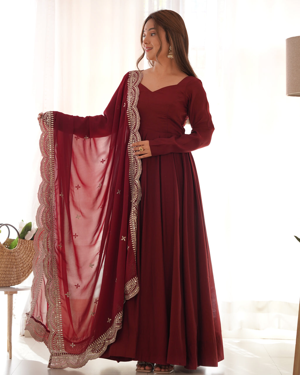 Romansilk Chanderi 16-Kali Anarkali Gown with Sequin Cutwork Dupatta & Stitched Pant