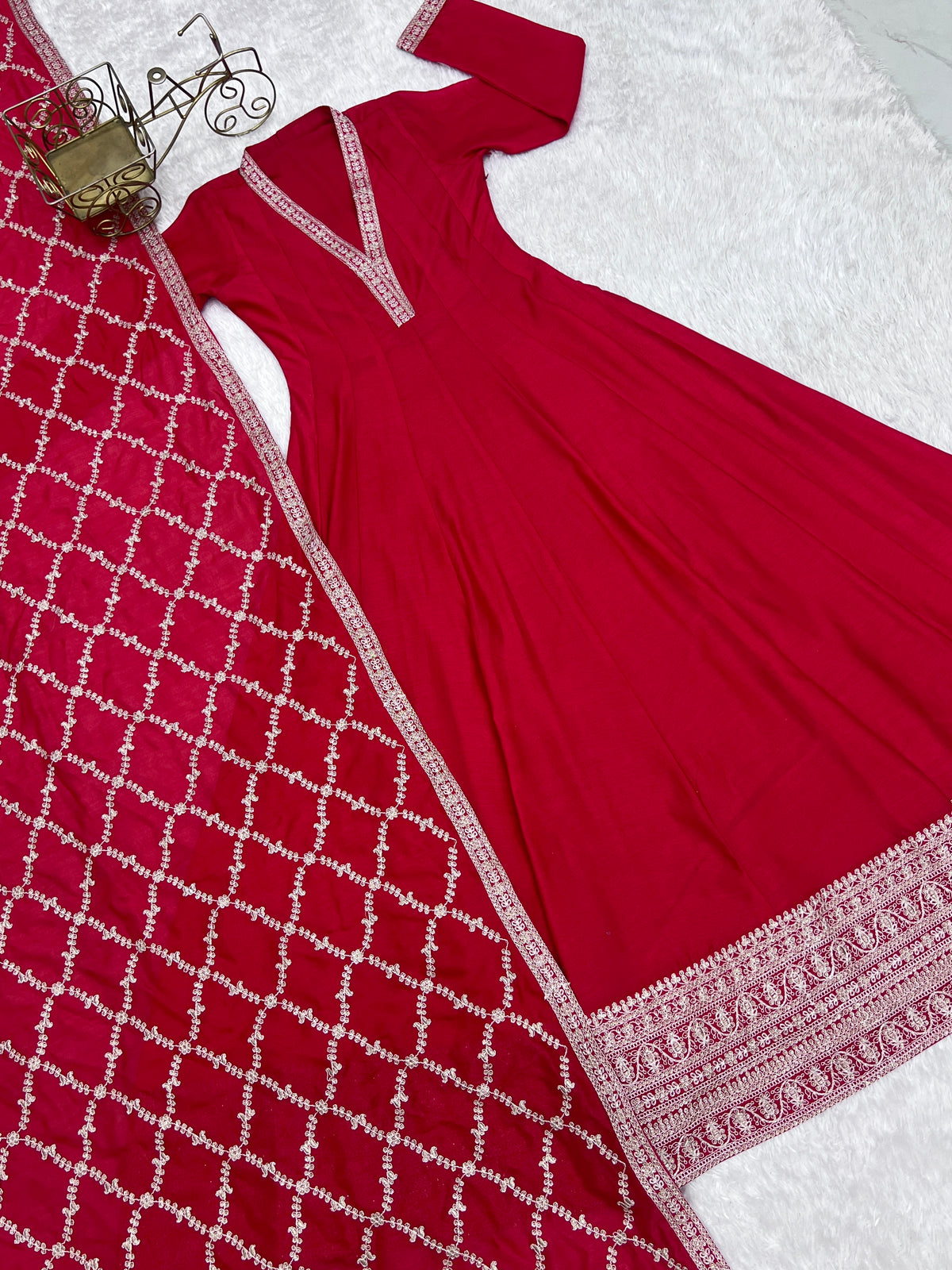 Premium Rust Crunchy Silk Anarkali Gown with Jari, Sequin & Beadwork Dupatta