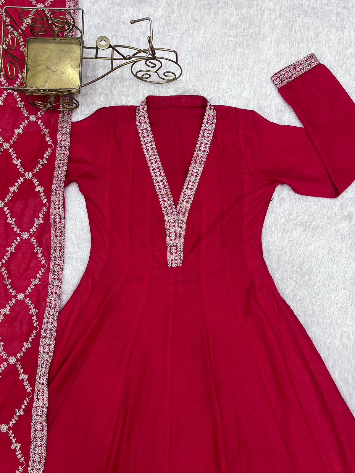 Premium Rust Crunchy Silk Anarkali Gown with Jari, Sequin & Beadwork Dupatta