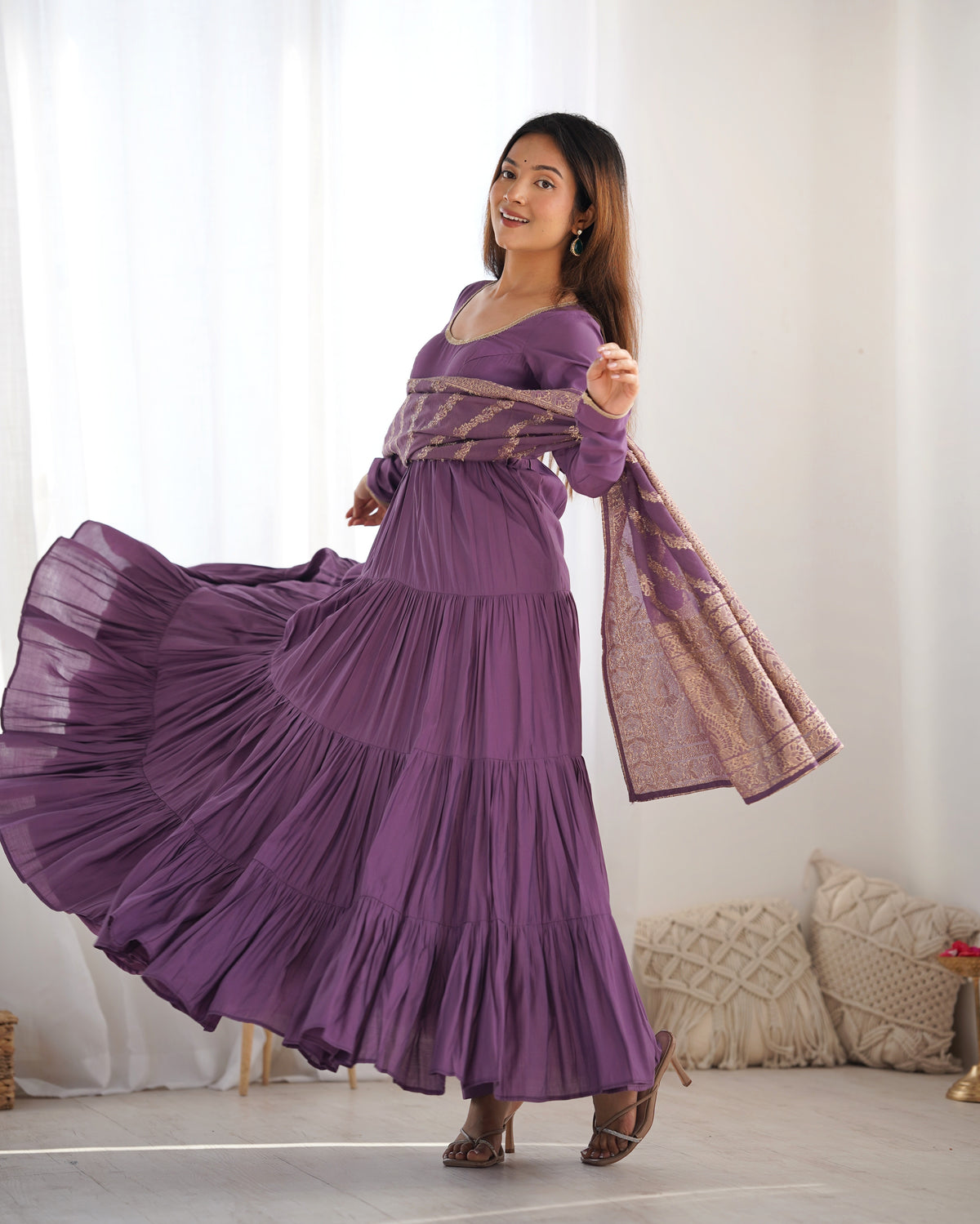 Romansilk Chanderi 9M+ Flair Anarkali Set with Padded Yoke & Banarasi Jacquard Dupatta