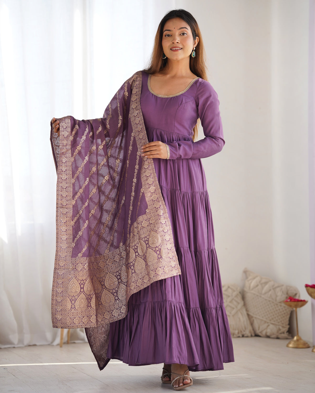 Romansilk Chanderi 9M+ Flair Anarkali Set with Padded Yoke & Banarasi Jacquard Dupatta