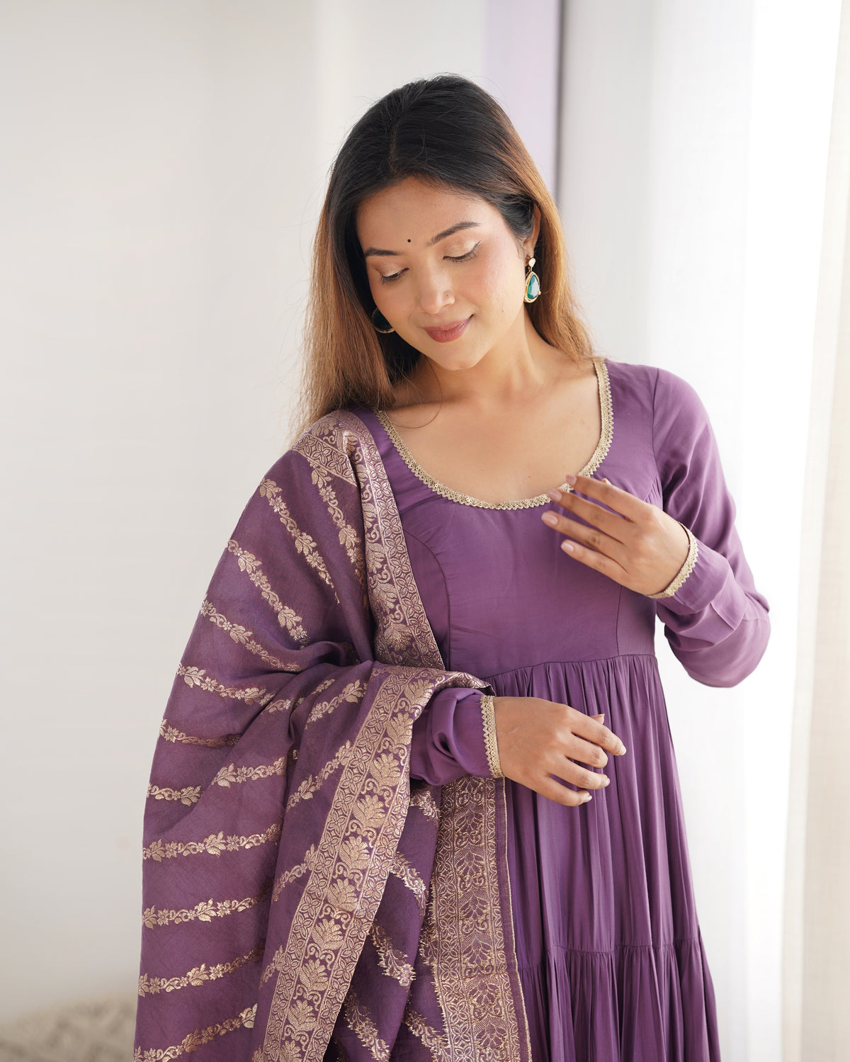 Romansilk Chanderi 9M+ Flair Anarkali Set with Padded Yoke & Banarasi Jacquard Dupatta