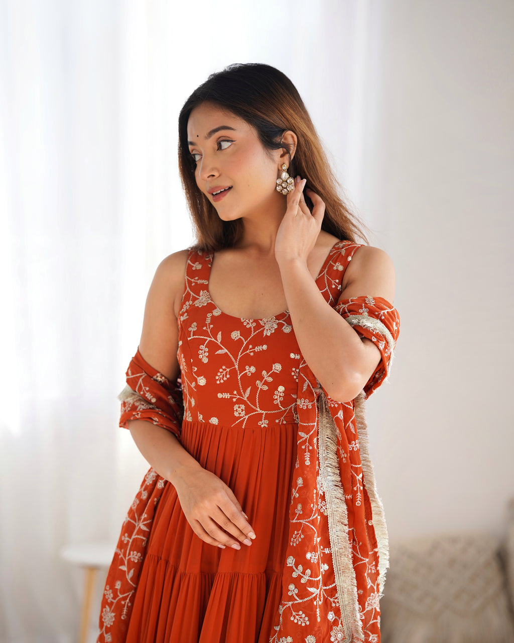 12M Flair Faux Georgette Anarkali Set with Embroidered Dupatta & Stitched Palazzo