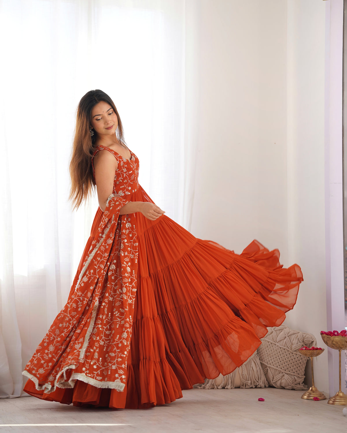 12M Flair Faux Georgette Anarkali Set with Embroidered Dupatta & Stitched Palazzo