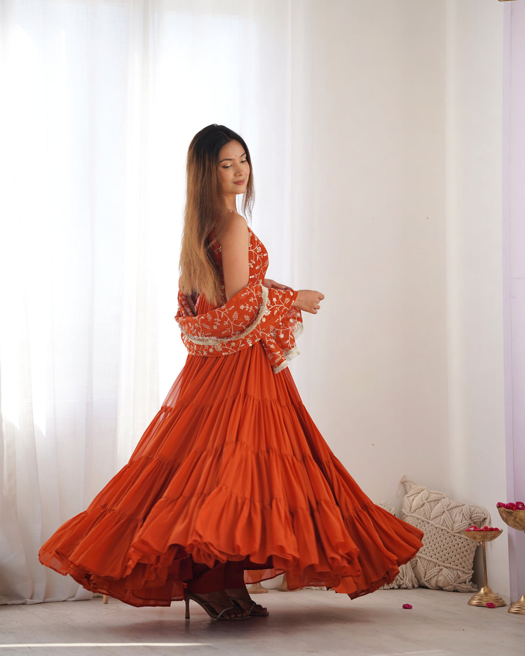 12M Flair Faux Georgette Anarkali Set with Embroidered Dupatta & Stitched Palazzo