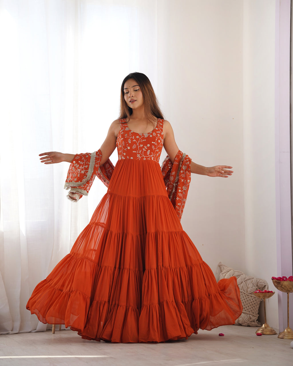 12M Flair Faux Georgette Anarkali Set with Embroidered Dupatta & Stitched Palazzo