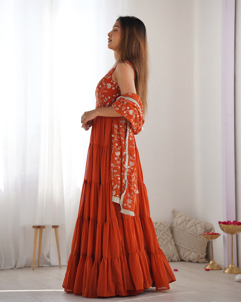 12M Flair Faux Georgette Anarkali Set with Embroidered Dupatta & Stitched Palazzo