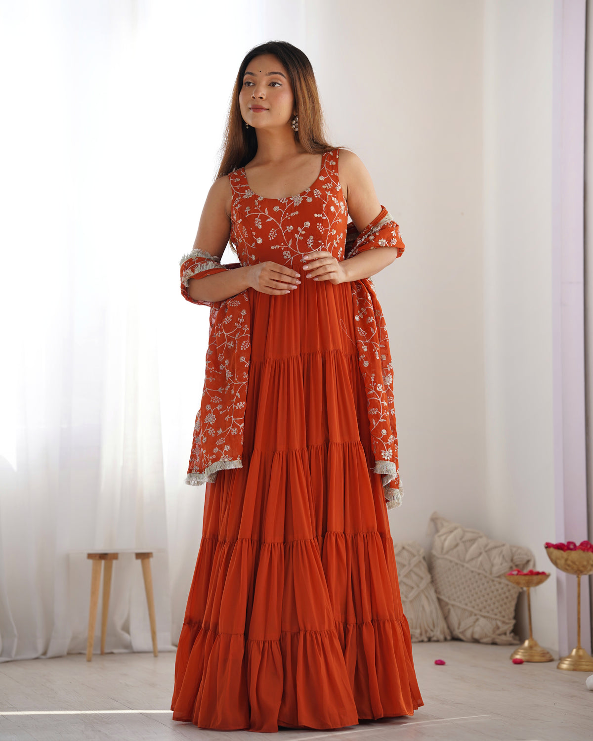 12M Flair Faux Georgette Anarkali Set with Embroidered Dupatta & Stitched Palazzo