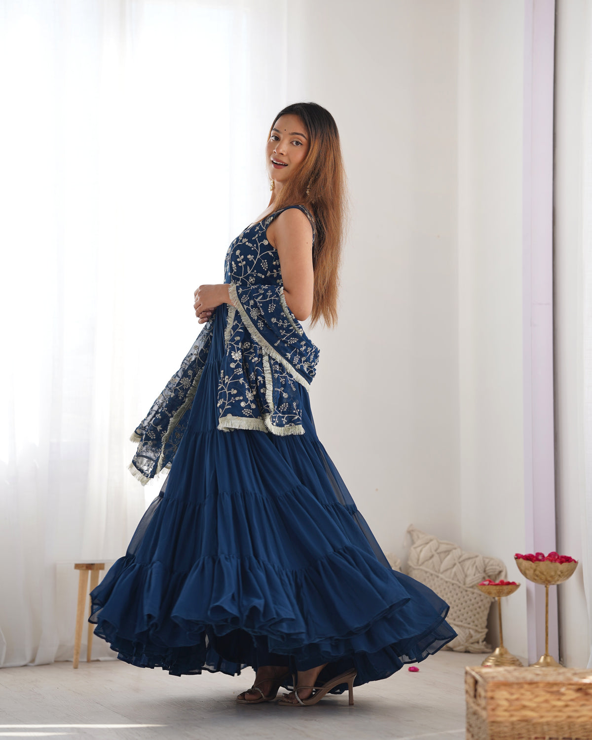 12M Flair Faux Georgette Anarkali Set with Embroidered Dupatta & Stitched Palazzo