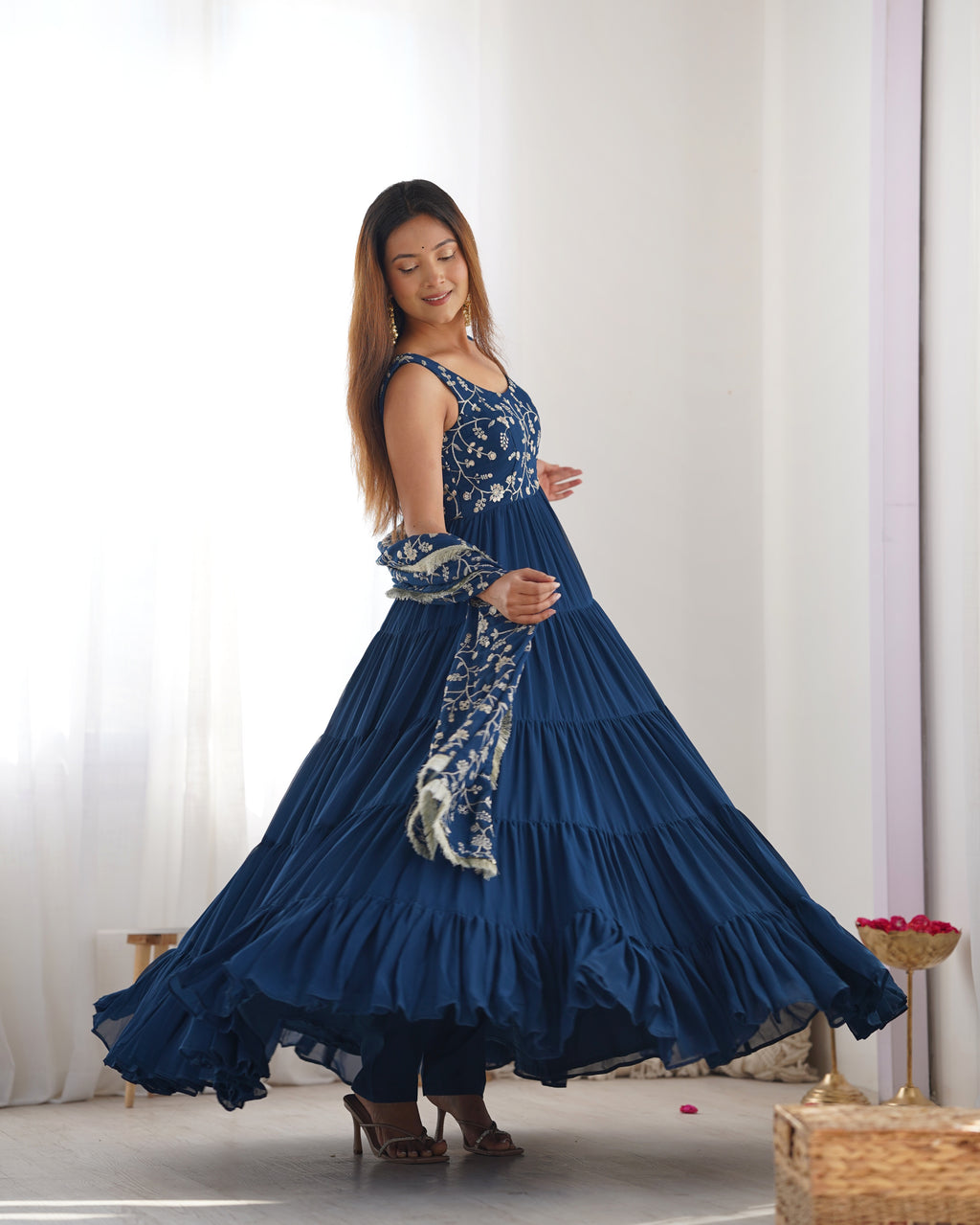 12M Flair Faux Georgette Anarkali Set with Embroidered Dupatta & Stitched Palazzo