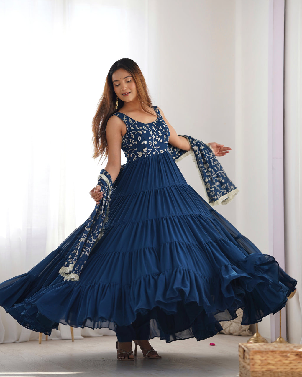 12M Flair Faux Georgette Anarkali Set with Embroidered Dupatta & Stitched Palazzo