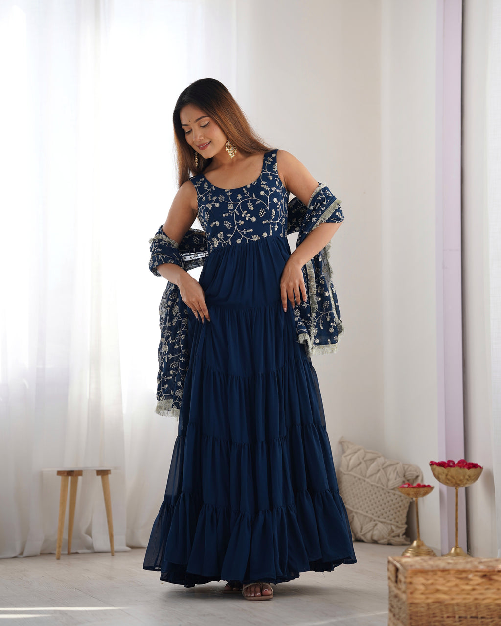12M Flair Faux Georgette Anarkali Set with Embroidered Dupatta & Stitched Palazzo