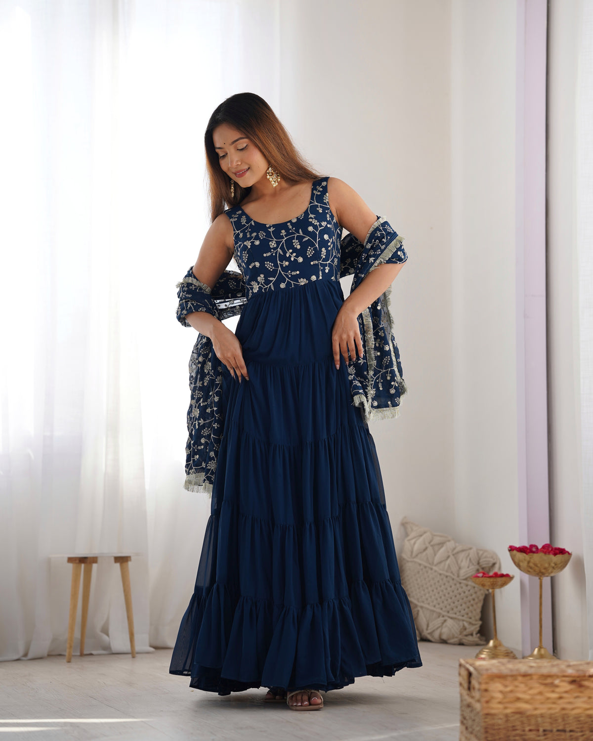 12M Flair Faux Georgette Anarkali Set with Embroidered Dupatta & Stitched Palazzo
