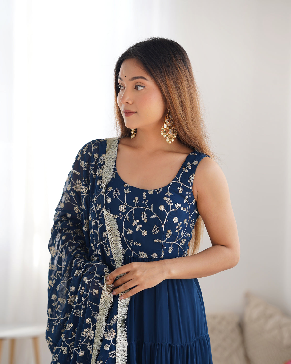 12M Flair Faux Georgette Anarkali Set with Embroidered Dupatta & Stitched Palazzo