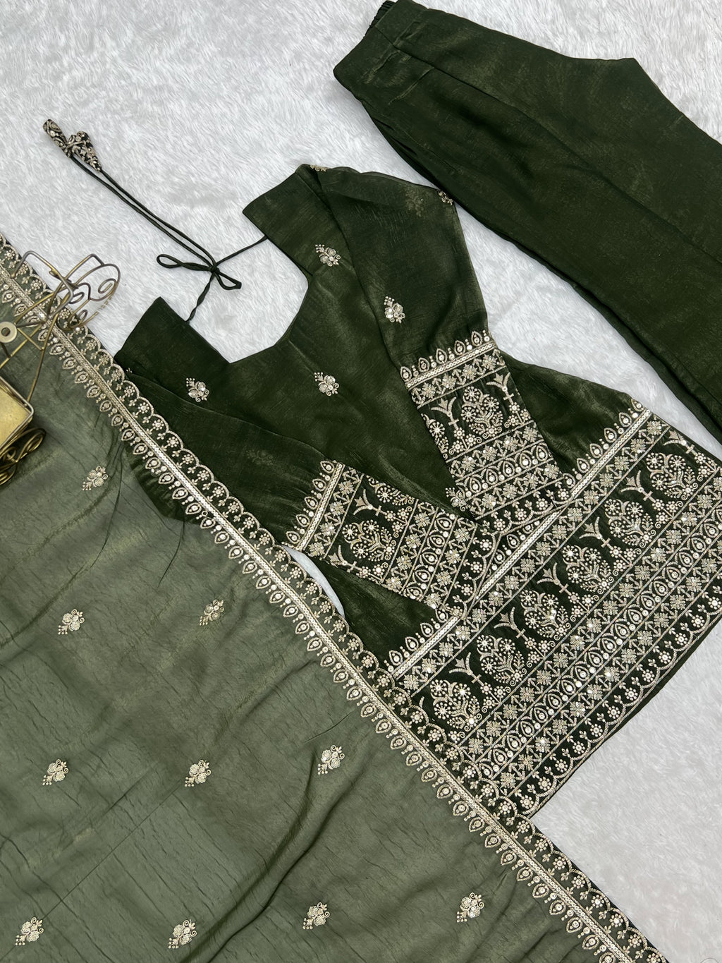 Mahendi & Purple Crunchy Silk Embroidered Bell Bottom Suit with Jari Work Dupatta