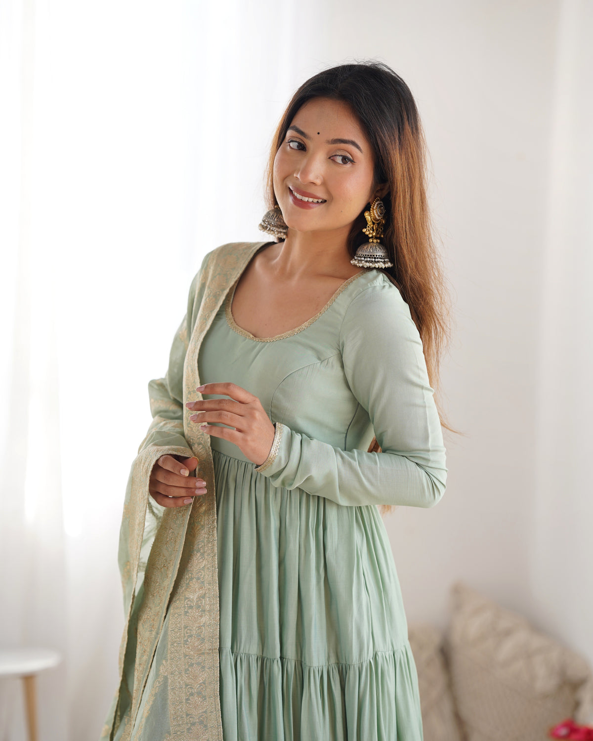 Romansilk Chanderi 9M+ Flair Anarkali Set with Padded Yoke & Banarasi Jacquard Dupatta