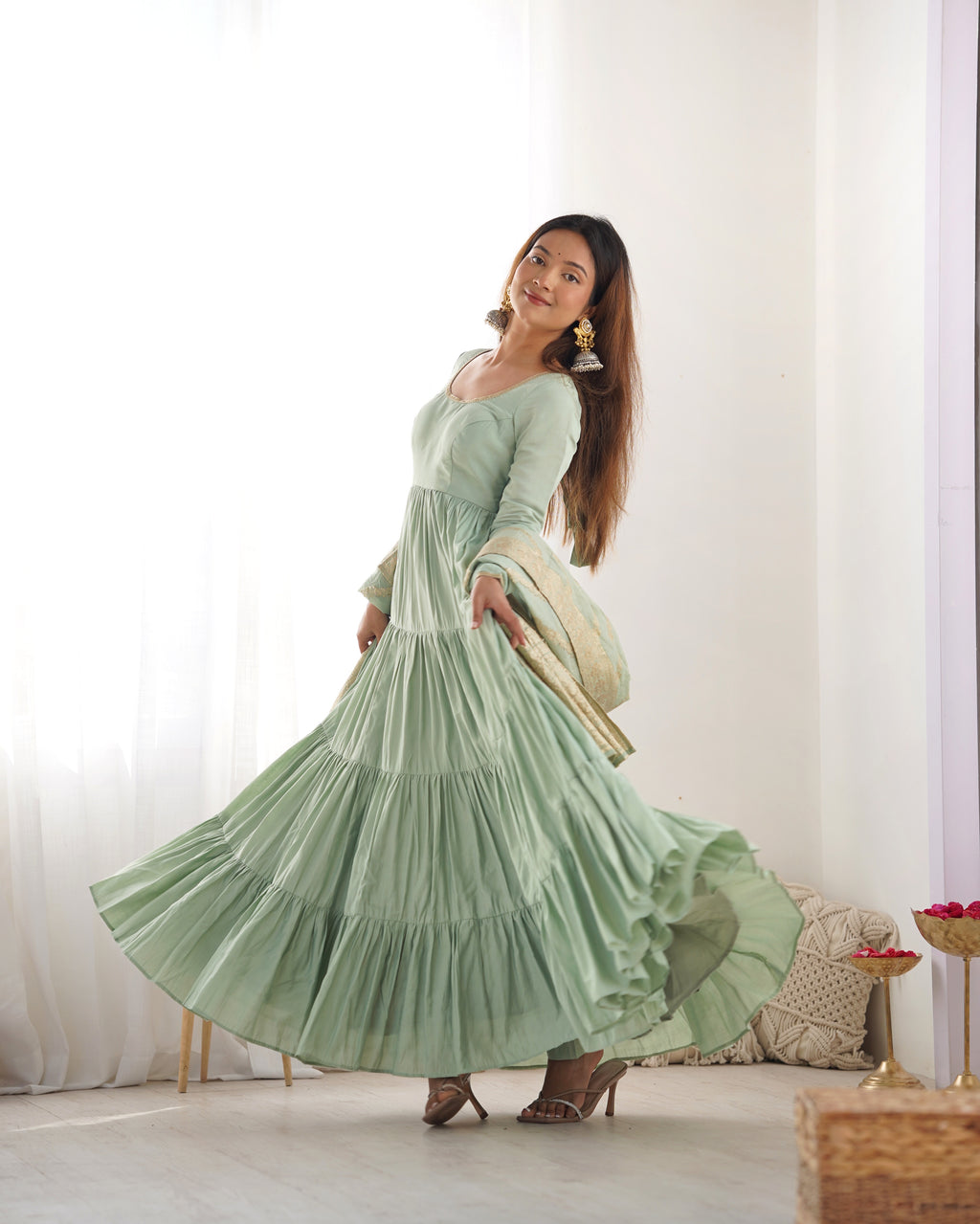 Romansilk Chanderi 9M+ Flair Anarkali Set with Padded Yoke & Banarasi Jacquard Dupatta