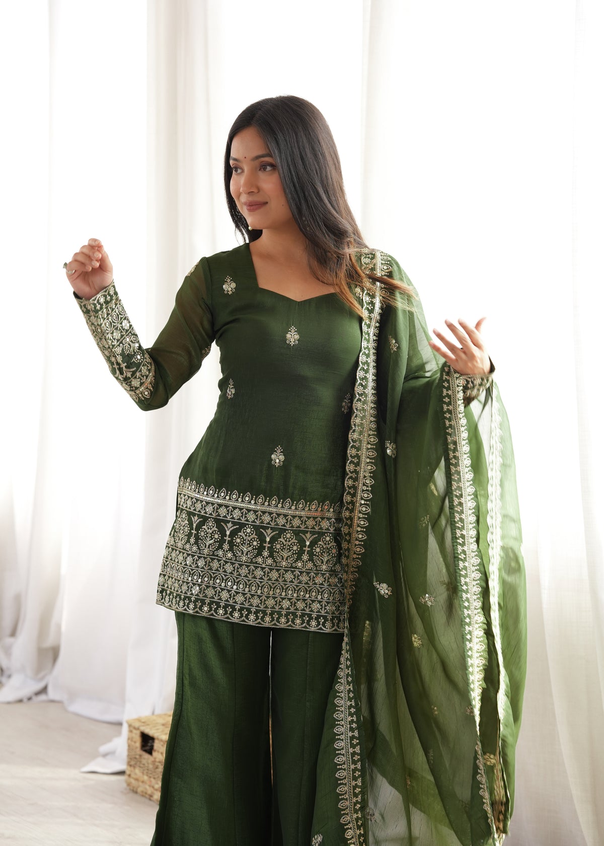 Mahendi & Purple Crunchy Silk Embroidered Bell Bottom Suit with Jari Work Dupatta