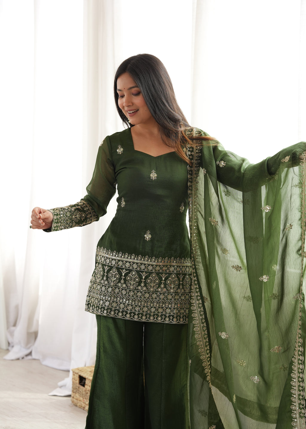 Mahendi & Purple Crunchy Silk Embroidered Bell Bottom Suit with Jari Work Dupatta