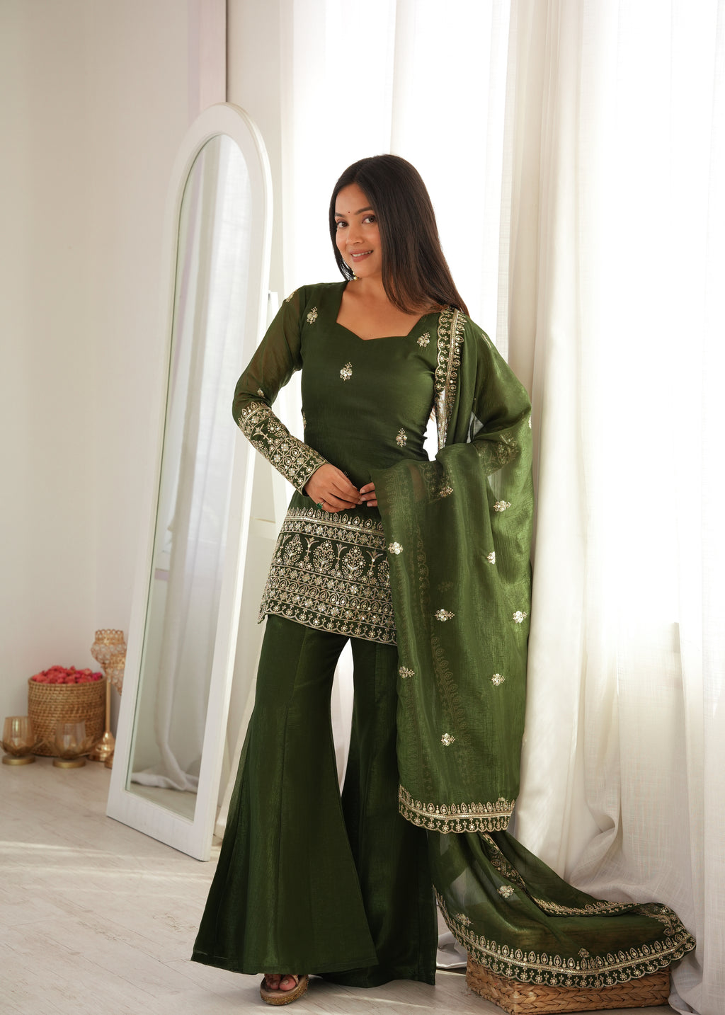 Mahendi & Purple Crunchy Silk Embroidered Bell Bottom Suit with Jari Work Dupatta