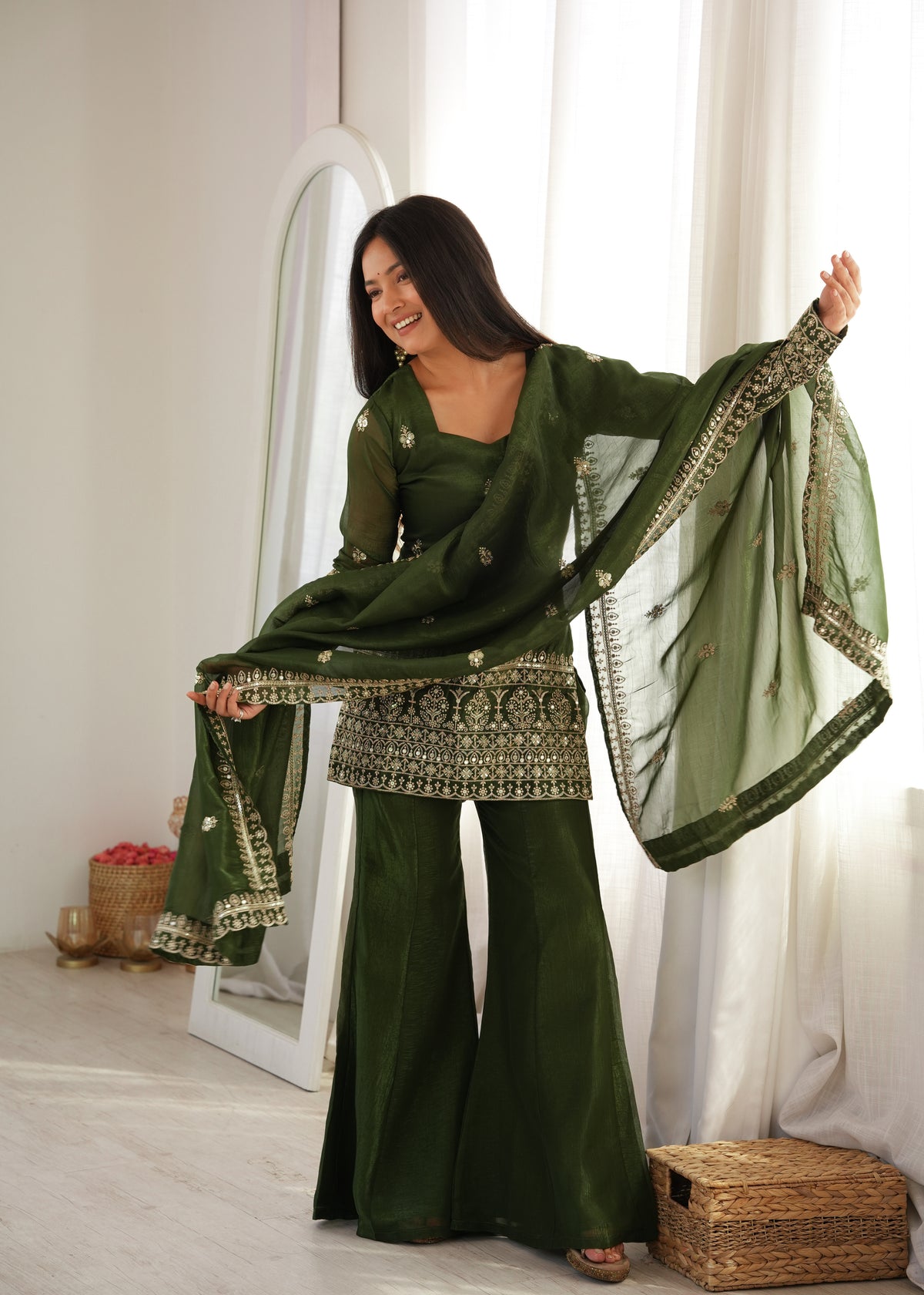 Mahendi & Purple Crunchy Silk Embroidered Bell Bottom Suit with Jari Work Dupatta