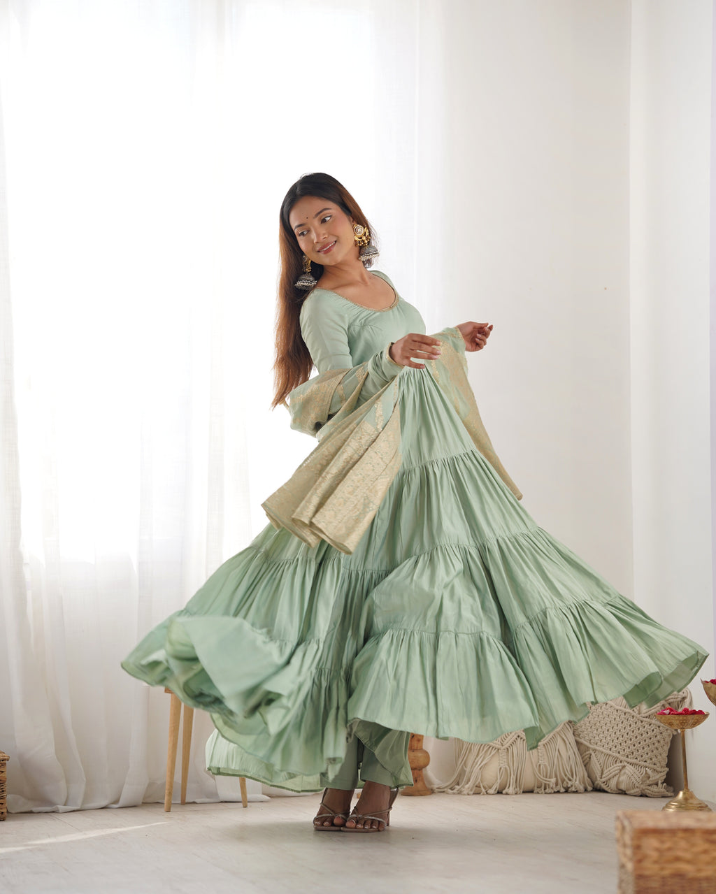 Romansilk Chanderi 9M+ Flair Anarkali Set with Padded Yoke & Banarasi Jacquard Dupatta