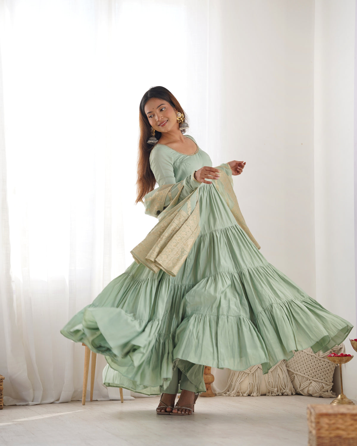 Romansilk Chanderi 9M+ Flair Anarkali Set with Padded Yoke & Banarasi Jacquard Dupatta