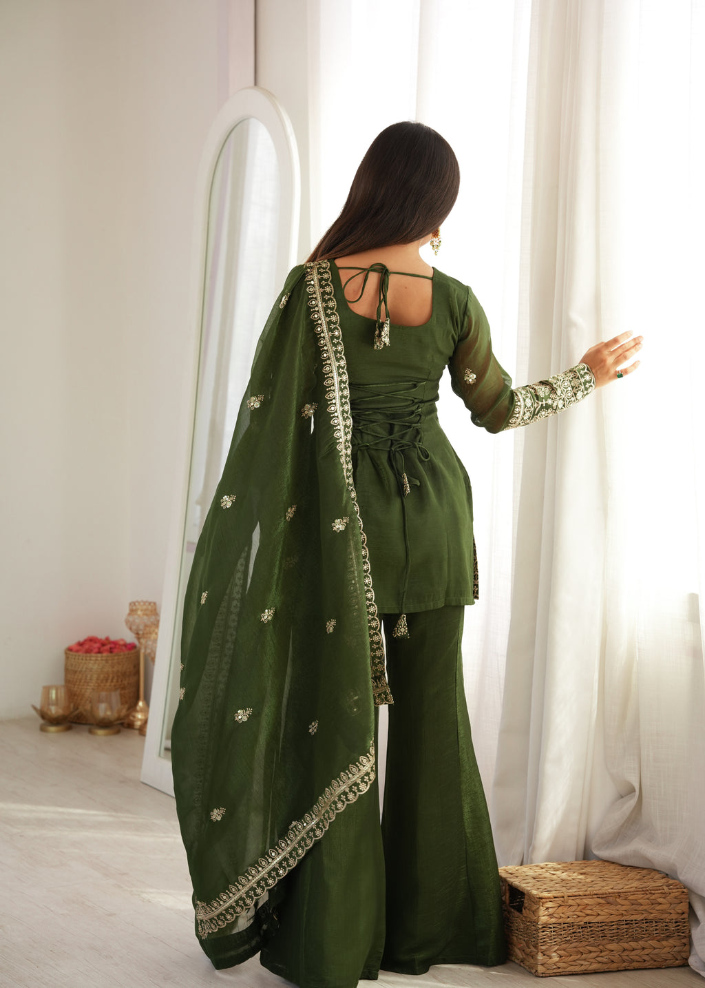 Mahendi & Purple Crunchy Silk Embroidered Bell Bottom Suit with Jari Work Dupatta