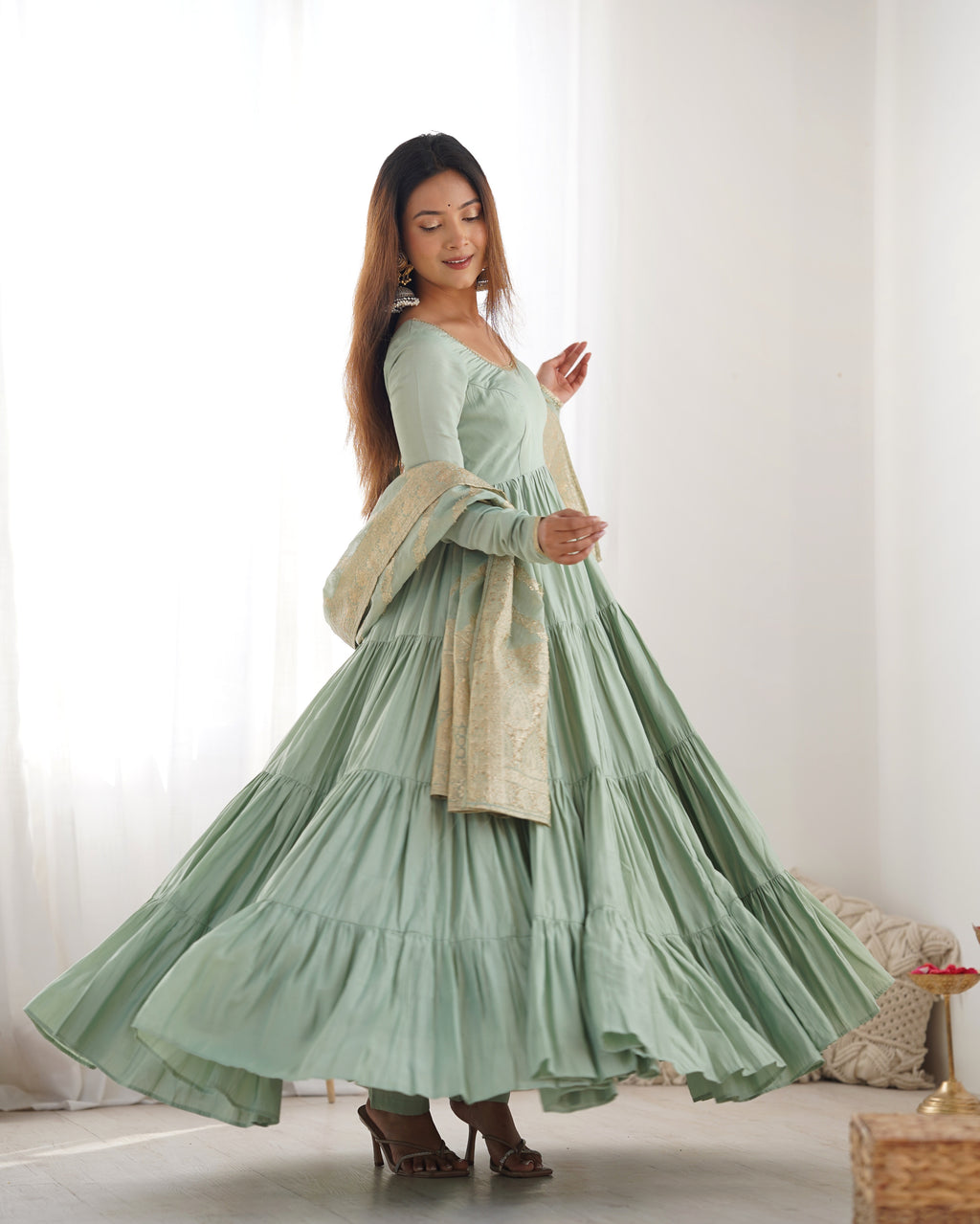 Romansilk Chanderi 9M+ Flair Anarkali Set with Padded Yoke & Banarasi Jacquard Dupatta