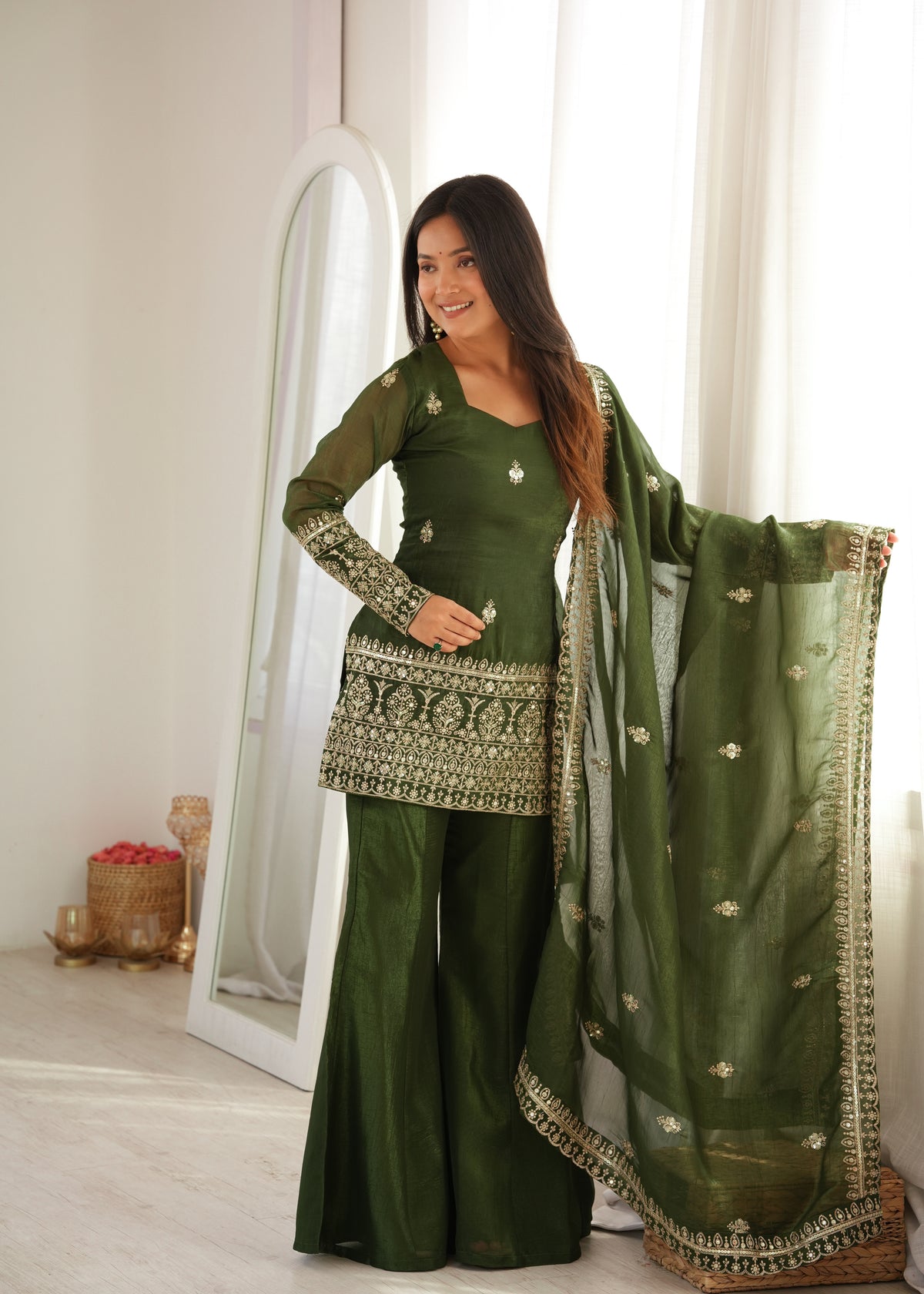 Mahendi & Purple Crunchy Silk Embroidered Bell Bottom Suit with Jari Work Dupatta
