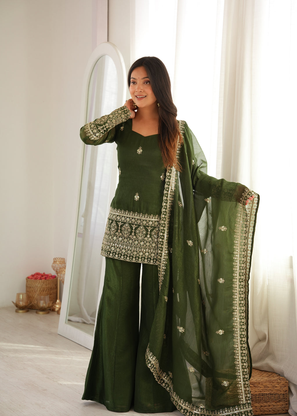 Mahendi & Purple Crunchy Silk Embroidered Bell Bottom Suit with Jari Work Dupatta