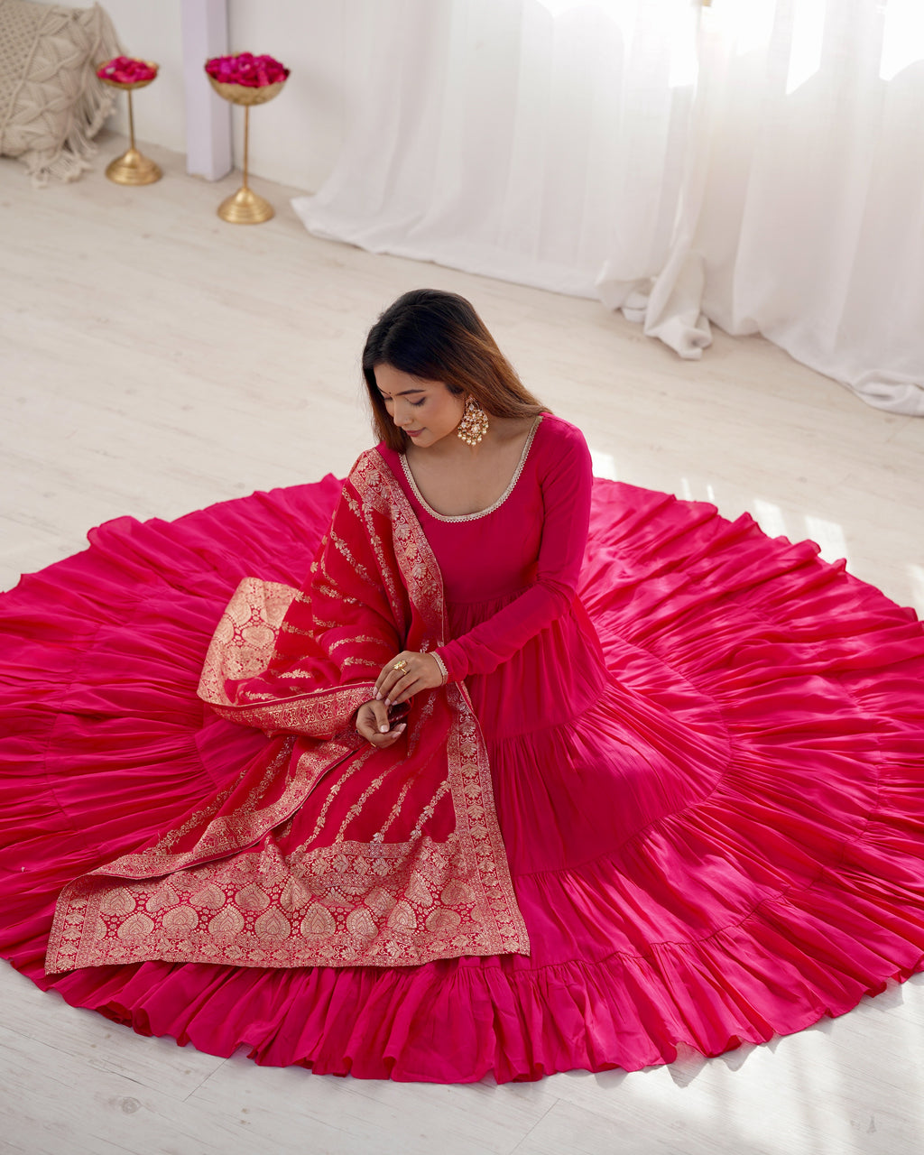 Romansilk Chanderi 9M+ Flair Anarkali Set with Padded Yoke & Banarasi Jacquard Dupatta