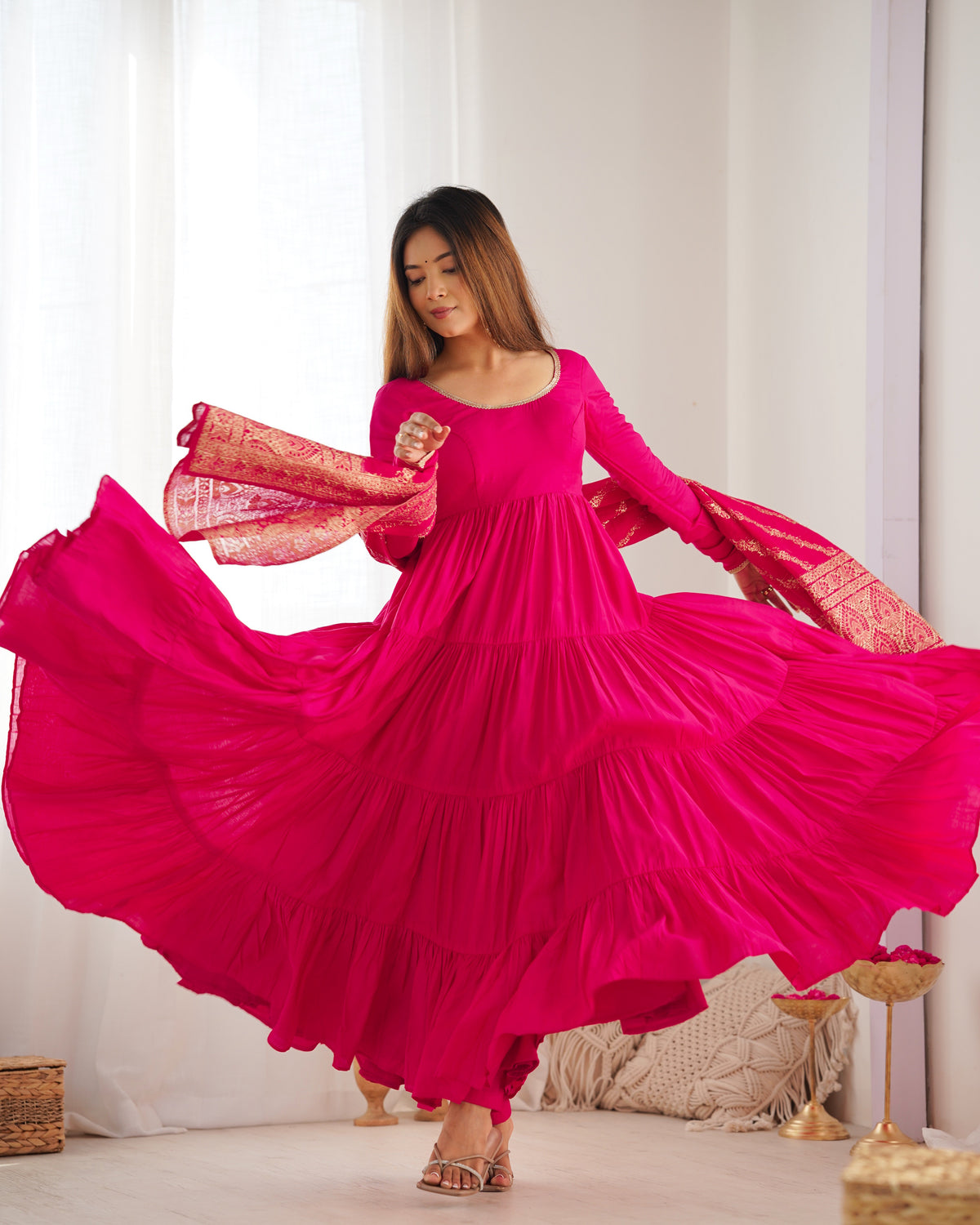 Romansilk Chanderi 9M+ Flair Anarkali Set with Padded Yoke & Banarasi Jacquard Dupatta