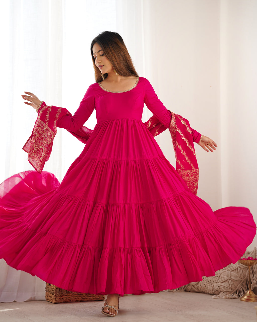 Romansilk Chanderi 9M+ Flair Anarkali Set with Padded Yoke & Banarasi Jacquard Dupatta