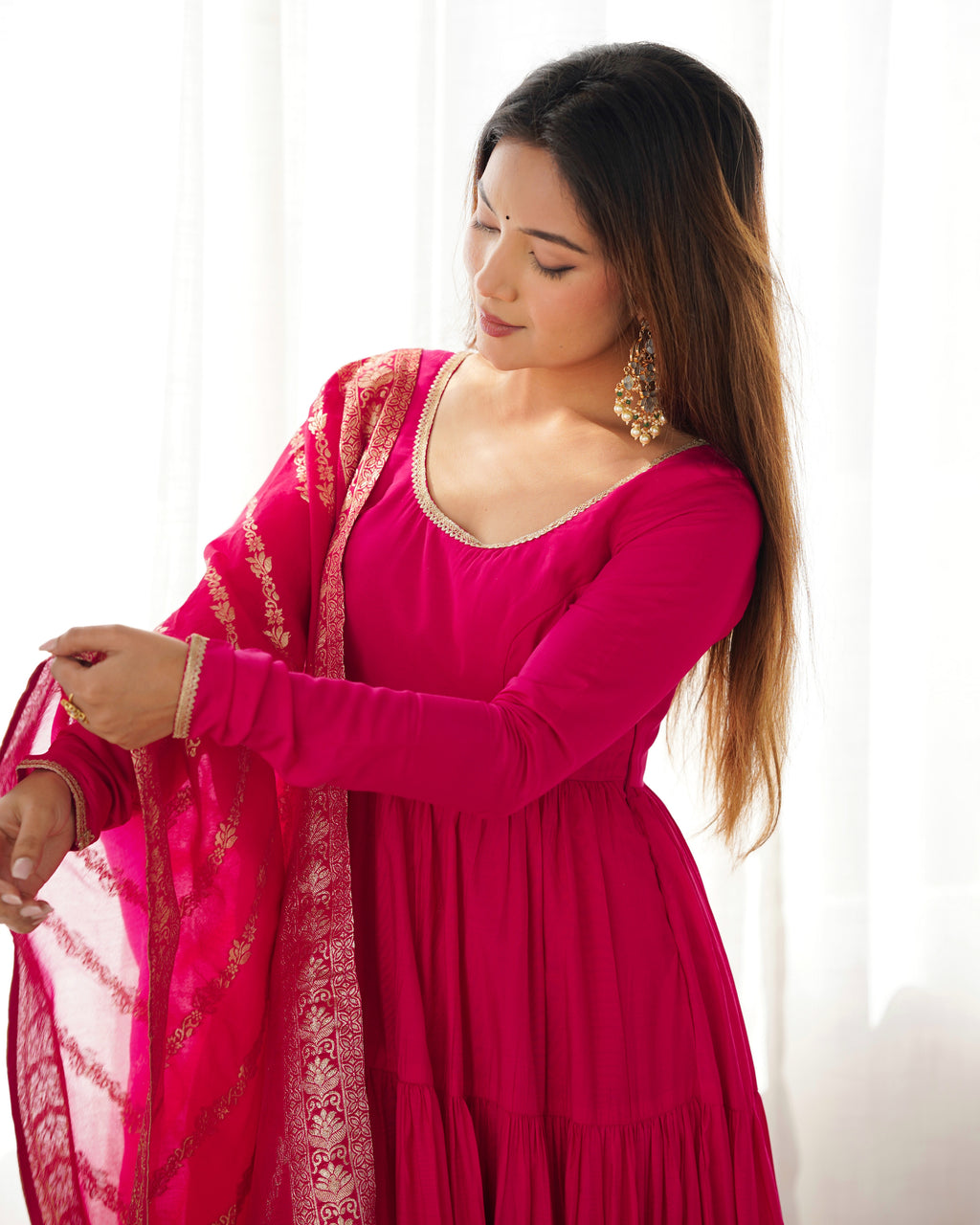 Romansilk Chanderi 9M+ Flair Anarkali Set with Padded Yoke & Banarasi Jacquard Dupatta