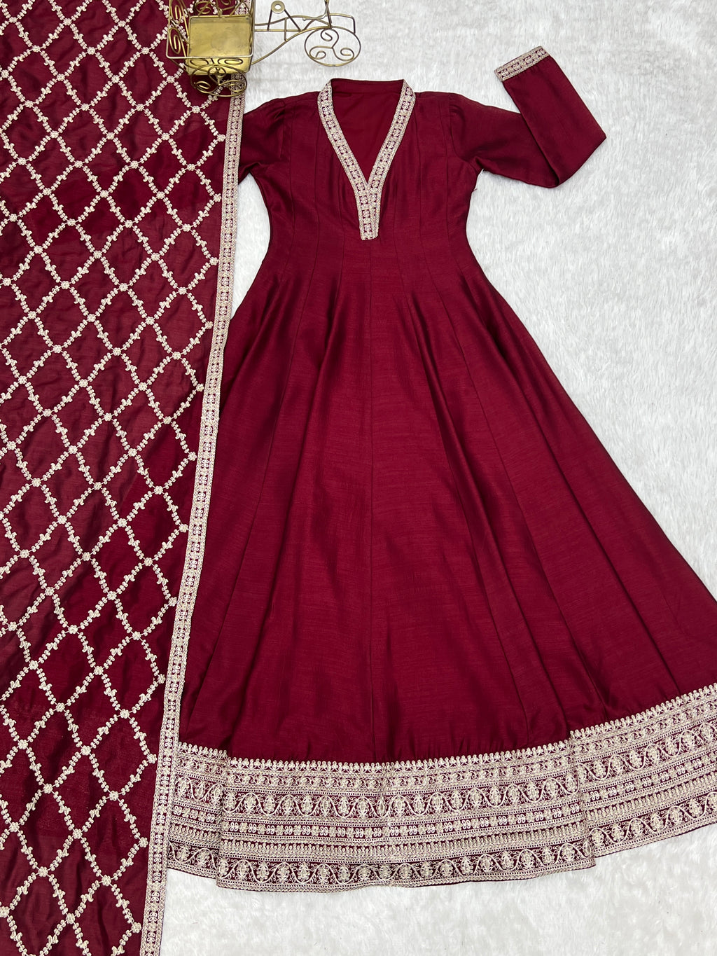 Premium Rust Crunchy Silk Anarkali Gown with Jari, Sequin & Beadwork Dupatta