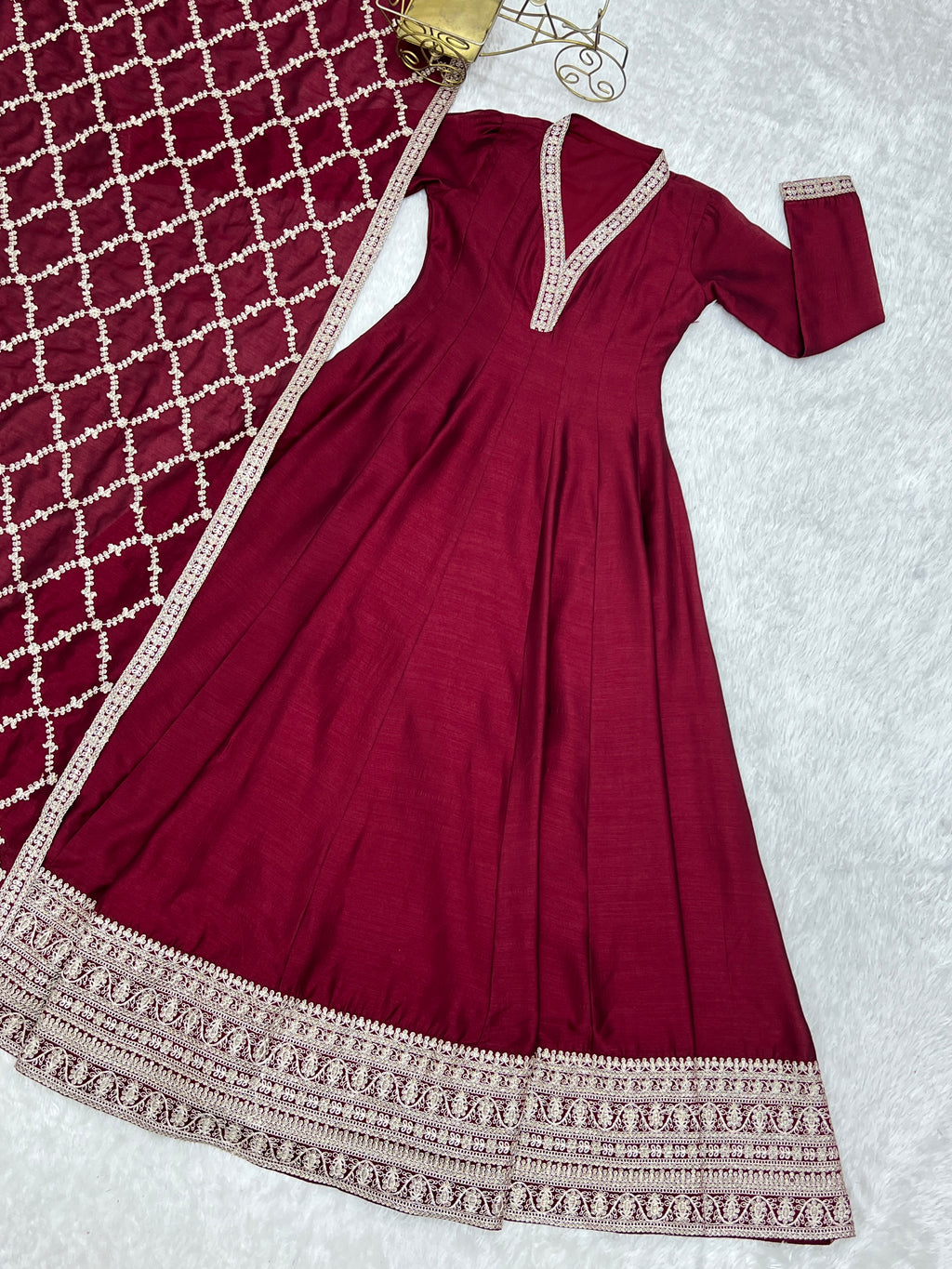 Premium Rust Crunchy Silk Anarkali Gown with Jari, Sequin & Beadwork Dupatta