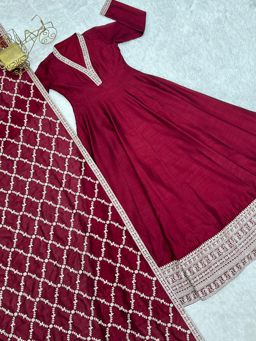 Premium Rust Crunchy Silk Anarkali Gown with Jari, Sequin & Beadwork Dupatta