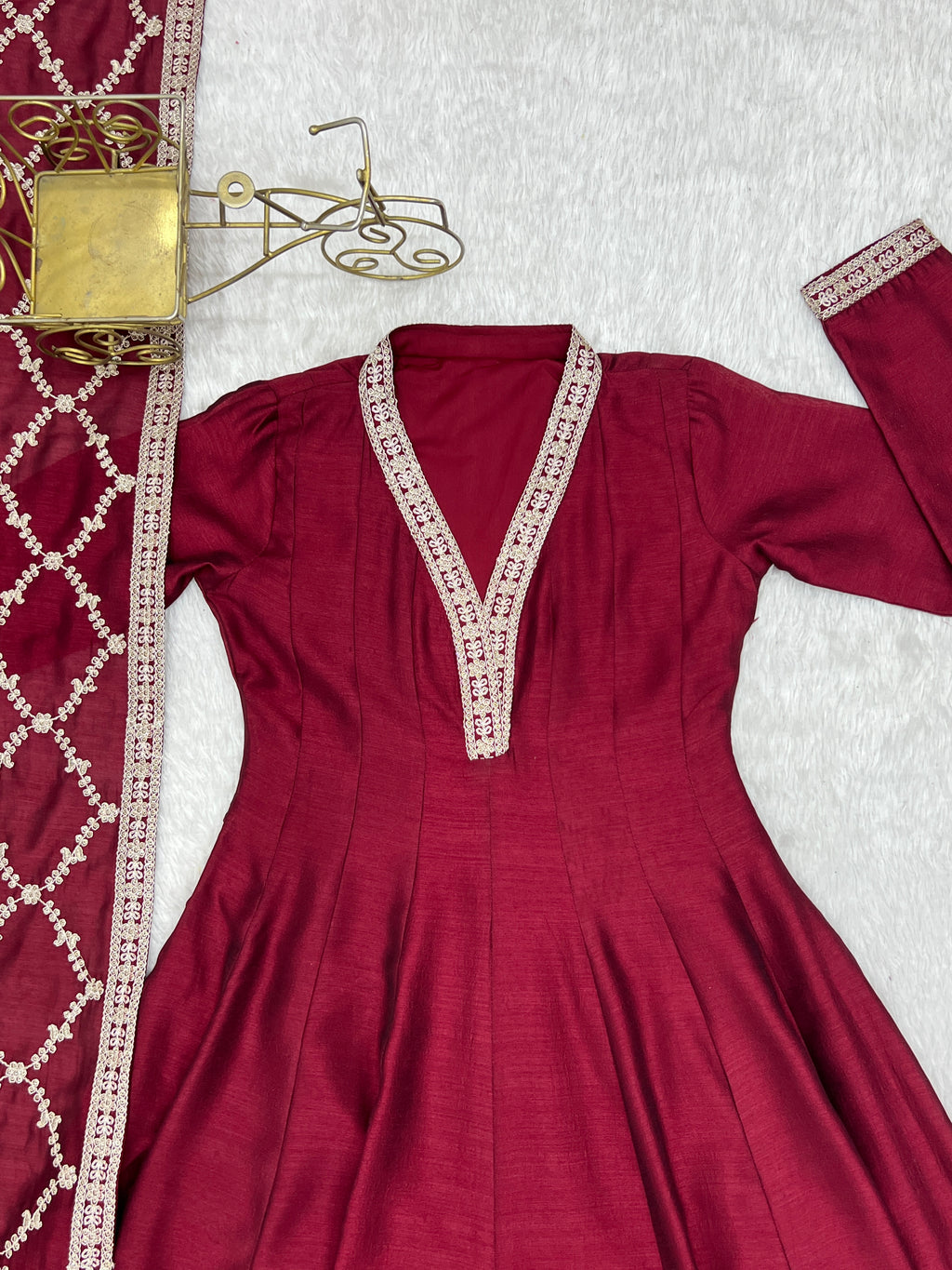 Premium Rust Crunchy Silk Anarkali Gown with Jari, Sequin & Beadwork Dupatta