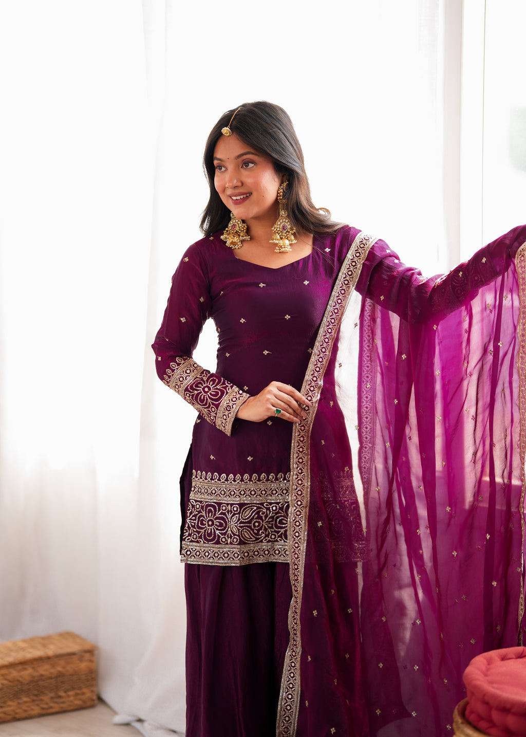 Wine Fendy Silk Embroidered Farshi Shalwar Suit with Sequin, Jari & Lace Dupatta