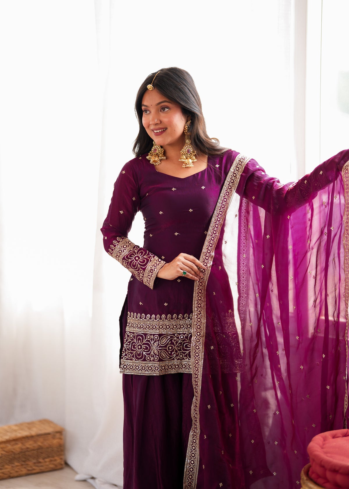 Wine Fendy Silk Embroidered Farshi Shalwar Suit with Sequin, Jari & Lace Dupatta