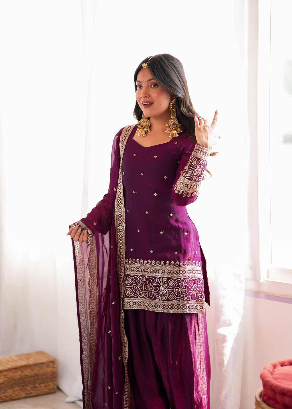 Wine Fendy Silk Embroidered Farshi Shalwar Suit with Sequin, Jari & Lace Dupatta