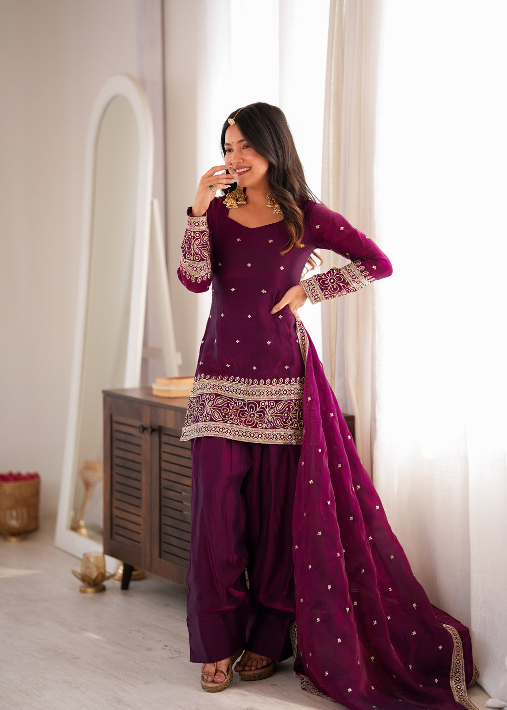 Wine Fendy Silk Embroidered Farshi Shalwar Suit with Sequin, Jari & Lace Dupatta