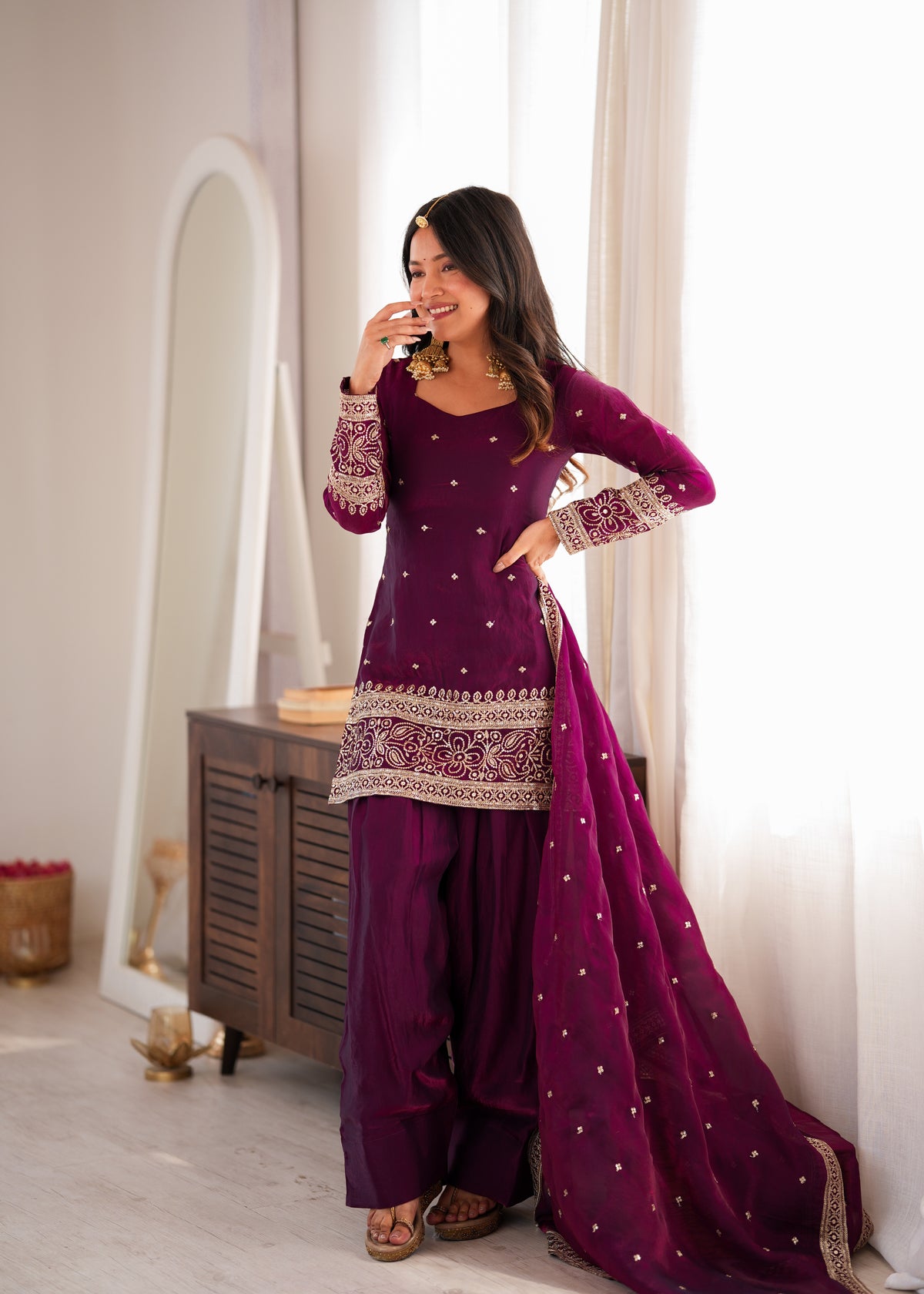 Wine Fendy Silk Embroidered Farshi Shalwar Suit with Sequin, Jari & Lace Dupatta