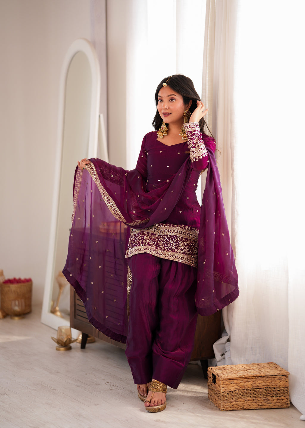 Wine Fendy Silk Embroidered Farshi Shalwar Suit with Sequin, Jari & Lace Dupatta